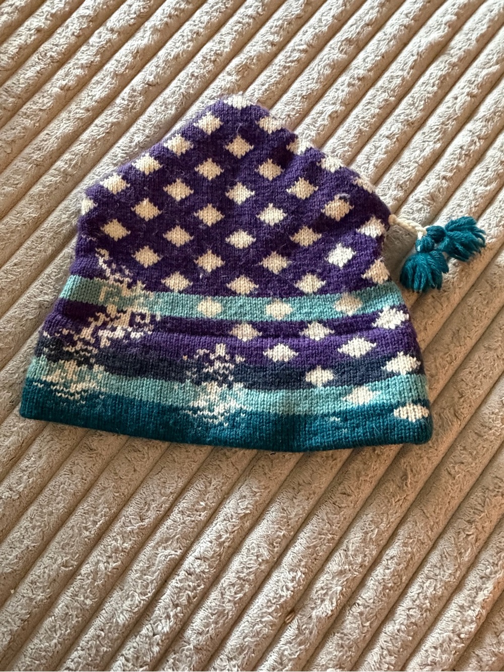 VTG Top Notch knits Purple, Teal and White Knit Hat with Tassel